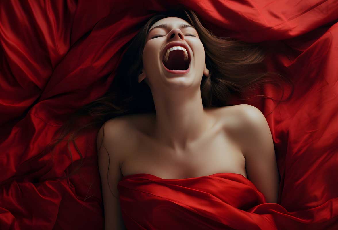 Femme aux cheveux bruns allongée sur des draps rouges, la bouche grande ouverte, exprimant une émotion intense de plaisir ou d'extase. La femme est couverte d'un tissu rouge, accentuant l'atmosphère dramatique et passionnée